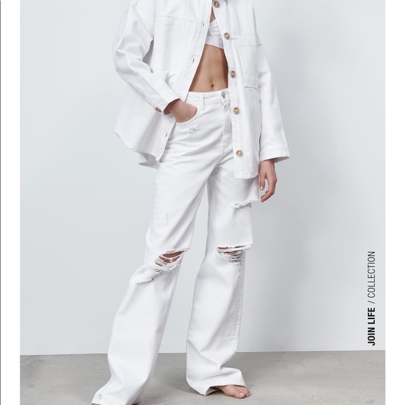 ZARA | (NWT) WHITE DISTRESSED WIDE LEG Z1975 FULL LENGTH RIPPED JEANS STRAIGHT - Picture 5 of 16